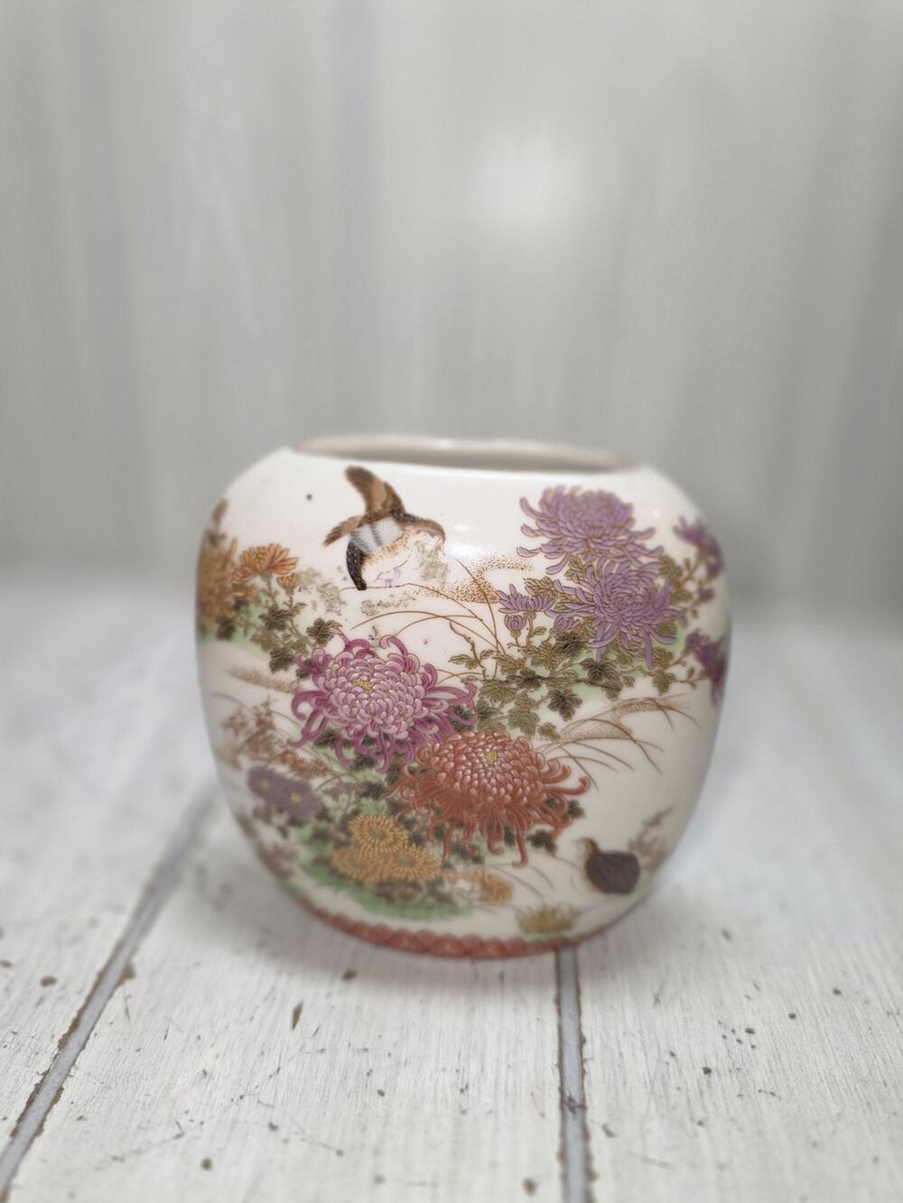 Vintage 4.25" Shibata Porcelain Oval Vase Japan Birds & Flowers Regency